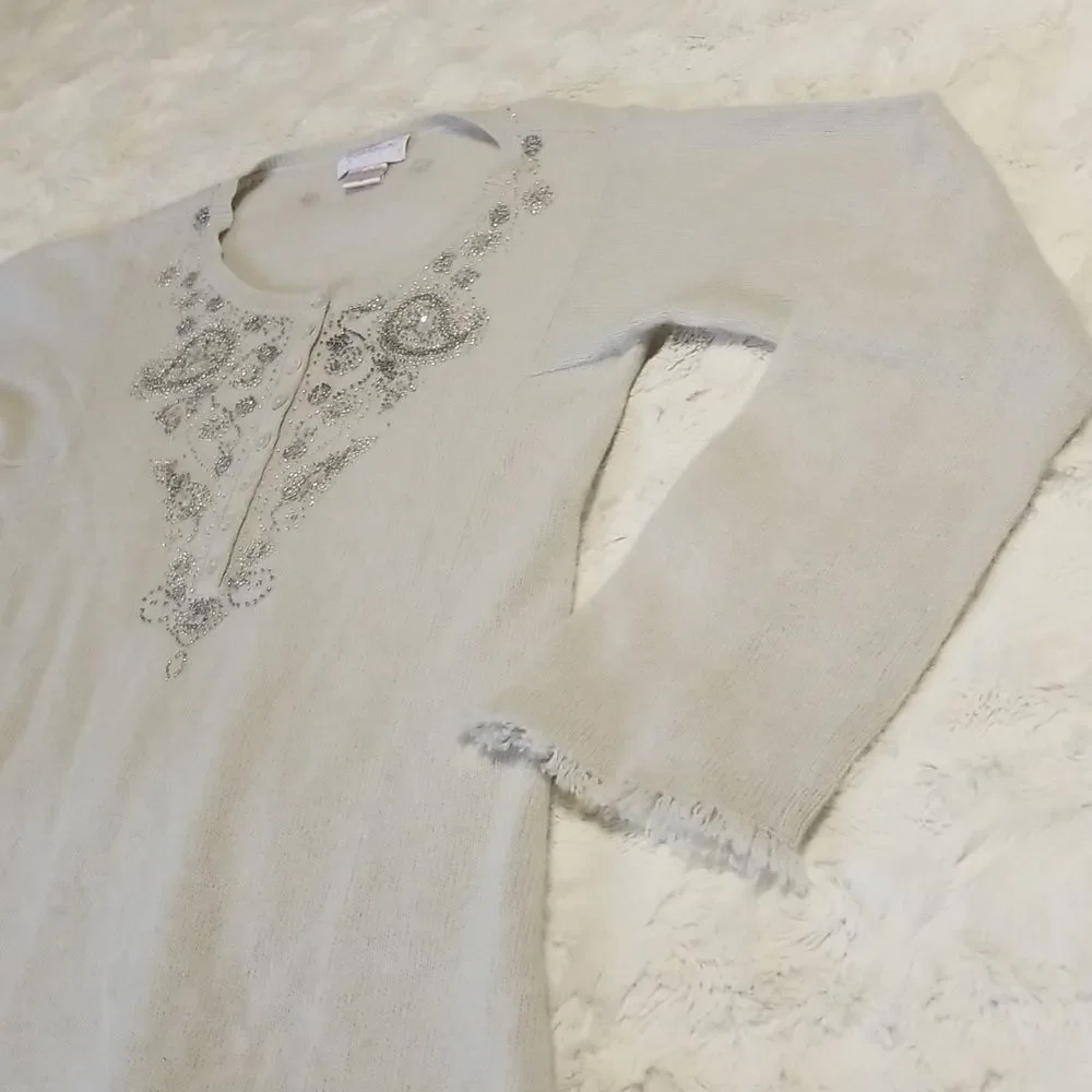 Cashmere Couture Knit Sweater Womens Small Gray Embroidered Embellished Paisley